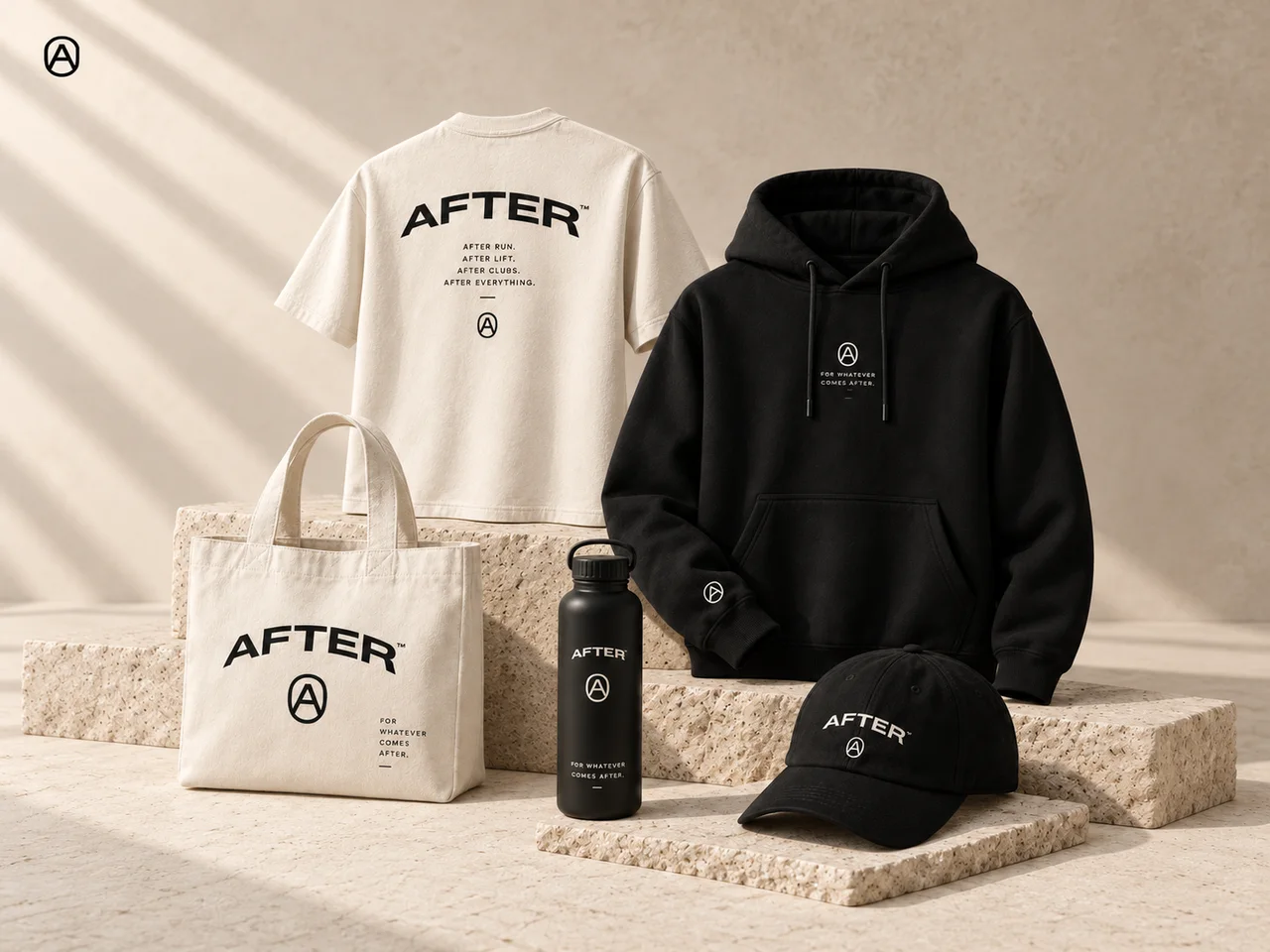 AFTER everyday goods — tees, hoodies, tanks and caps in chalk and black